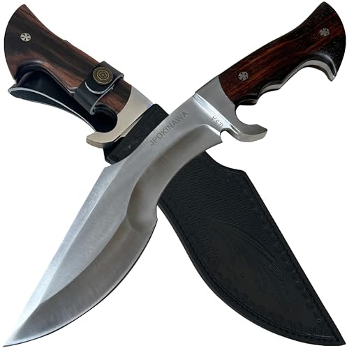 JPOKINAWA 39cm【peso coltello 0.77kg】 machete pesante - Tang completo 60HRC Lama in acciaio ad alto tenore di carbonio Manico in legno di ebano Con fodero in pelle di mucca