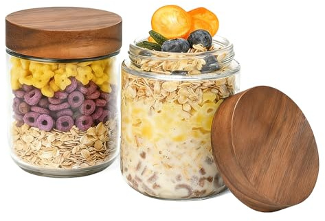 Oncpcare Confezione da 2 barattoli in vetro da 500 ml con coperchio in legno, contenitori per la preparazione dei pasti a bocca larga, per avena, yogurt, semifreddo, budino di chia e snack