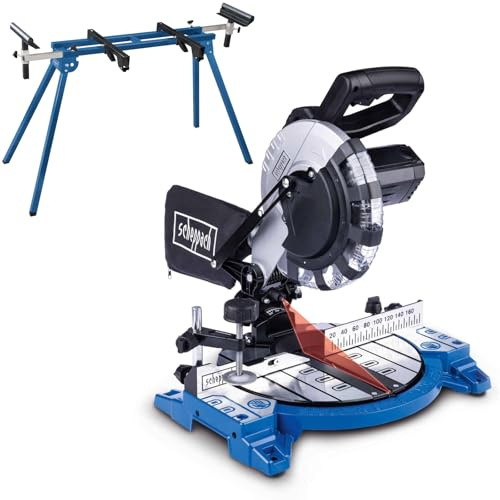 Scheppach HM210L 8 Mitre Saw & UMF1550 Tool Stand, 210mm Blade, 1500W, 120mm Cross Cut, 45° Bevel, 24T TCT Blade for Wood DIY Workshop