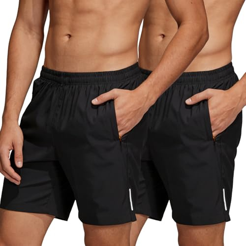 InfiniZer 2 Pairs Gym Shorts Men Black Summer Mens Gym Shorts with Zip Pockets Running Sports Jogging Elasticated Waist
