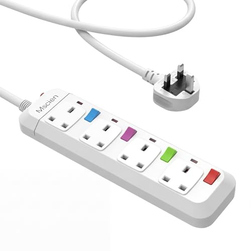 Mscien Extension Lead 1M 4 Way Wall Mounted, 1M Extension Lead Switched with Multiple Protection, Fused Power Strip 4 Sockets White, 2500W Extension Cord