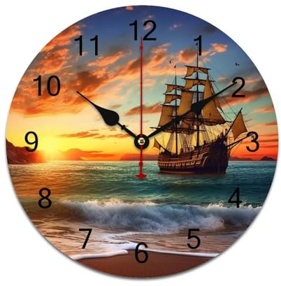 LPAGBCNU Wall Clock Pirate Ship in The Sunset Battery Operated Wall Clocks PVC Silent Non-Ticking Round Wall Clock for Living Room Kitchen Home Office Wall Decorative Clock
