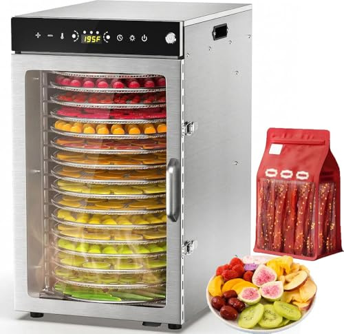360°Drehfunktion Food dörrautomat (16 extragroße Tablett) 1600W Doppellüfter,24 Hour Digital Timer Temperaturregelung 86℉-190℉Dörrautomat für Beef Jerky,Obst,Kräuter,Gemüse,Hundeleckerlis