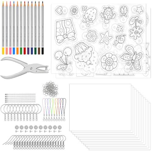 Ganwavo 171 Stück Schrumpffolie Set Schlüsselanhänger, Schrumpffolien Set mit Locher und Bastelzubehör, DIY Bastelset für Teenager zum Selbermachen