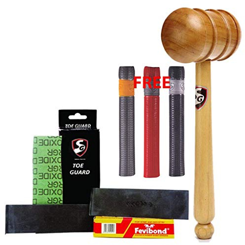 SG Cricket Bat Care - Wooden Mallet Combo Toe Guard Pack + Wooden Mallet & GET Free 3 BAT Grips