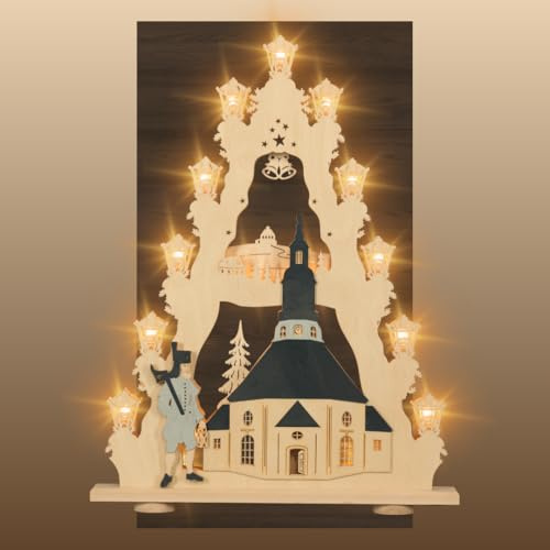 weigla - Lichterspitze original Erzgebirge I Motiv Seiffener Kirche I LED Lichterbogen Weihnachten I 15 Lampenkerzen + 1 Ersatzlampe I 15 x 16 V, 0,2 W, E10 I beleuchtete Weihnachtsdeko innen