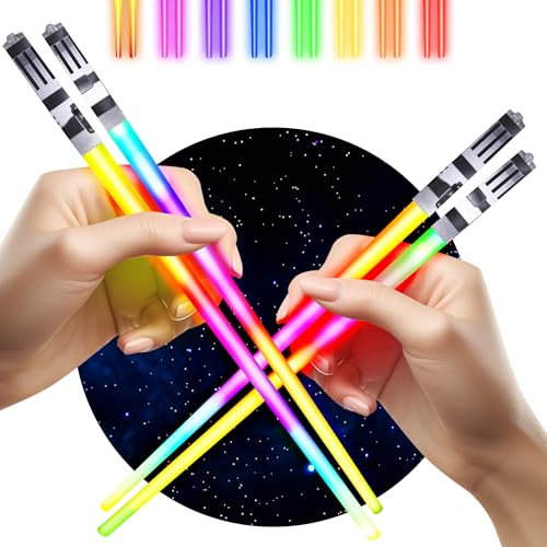 Lightsaber Chopsticks Light UP LED Glowing Light Saber Chop Sticks Reusable Sushi Lightup Sabers Bright LEDs - 8 Color Modes - 2 Pairs