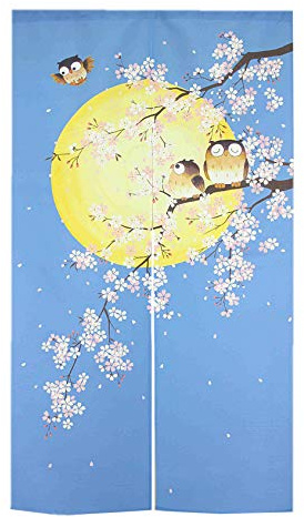 LIGICKY Japanische Noren Lang Vorhang Tür Vorhang Tapisseri Fliegen Insektenvorhang Raumteiler 33x59 inch（Eule auf Baum）