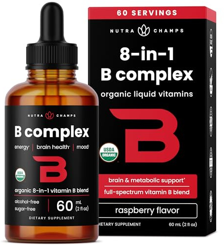 USDA Organic Vitamin B Complex Liquid Drops Sublingual B12 Methycobalamin | B1, B2, B3, B5, B6, B7, B9 | Methylated B Vitamins Complex for Women & Men | Biotin, Niacinamide, Folate & Folic Acid, 2oz