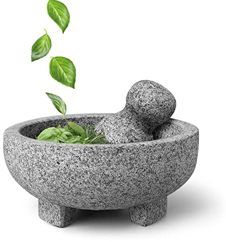 Flexzion Granit Mörser und Stößel Set - Massiver Granitstein Grinder Schüssel Halter 6 Zoll Molcajete für Guacamole, Kräuter, Gewürze, Knoblauch, Küche, Kochen, Medizin