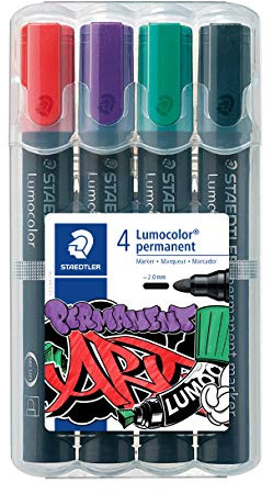 Staedtler Lumocolor Permanent, Marqueurs permanents multi-surfaces à pointe ogive, Encre résistante à l'eau et aux UV, Étui chevalet avec 4 couleurs assorties, 352 WP4-1