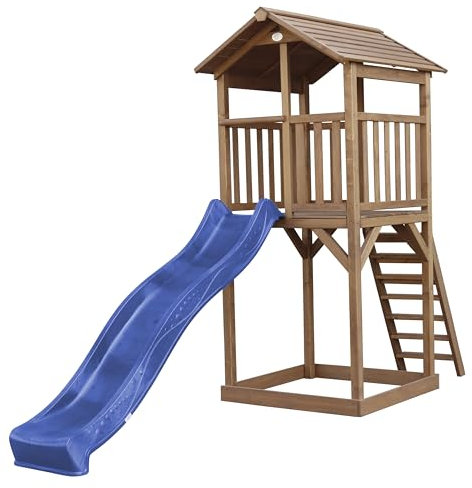AXI Beach Tower parco giochi in legno in marrone | Torre di gioco per bambini con sabbiera e scivolo blu | Casa per bambini su palafitte per il giardino.