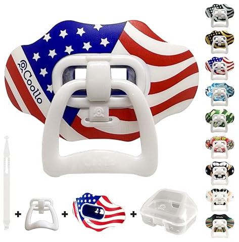COOLLO SPORTS Lip Guard Mouthguard 2-in-1 Transformer Pacifier Football Mouthpiece Sports Lip Protector for Adults & Youth USA Flag & Fangs Mouthpiece (Case Included) (American Flag (Two Layers))