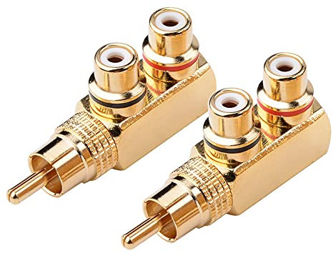 euroharry 2pk cavo adattatore splitter a Y, spina ad angolo di 90 gradi placcata in oro a 2 prese audio video splitter a Y