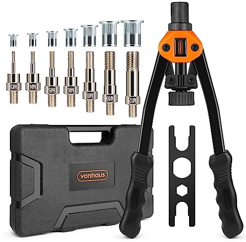 VonHaus Rivet Nut Gun - Rivnut Tool - Hand Riveter Pliers Set - Nutsert Tool - with M3 M4 M5 M6 M8 M10 M12 Metric 7 Mandrels and 150Pcs Assorted Rivnuts - Nutsert Thread Setter with Carrying Case