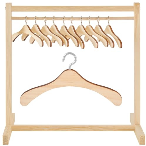 Civaner 11 Pcs Doll Garment Rack with Wooden Clothes Hanger for 18 Inch Girl Doll Clothes Mini Hangers Wardrobe Furniture Accessories for Dollhouse Baby Shower Supplies (Wood)