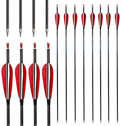 ACCMOS 12St ID 6,2 mm Jagdpfeile Spine 250 300 340 400 500 600 700 800 Pfeil aus Reinem Carbon Länge 26-32 Zoll mit 4 Zoll Rote Weiße Truthahnfeder