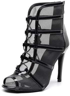 YKXLM Stivali da Ballo Latino Americano Donna con Punta Aperta con Tacco con Lacci Scarpe da Ballo Donna,8.5cm,Nero,38EU