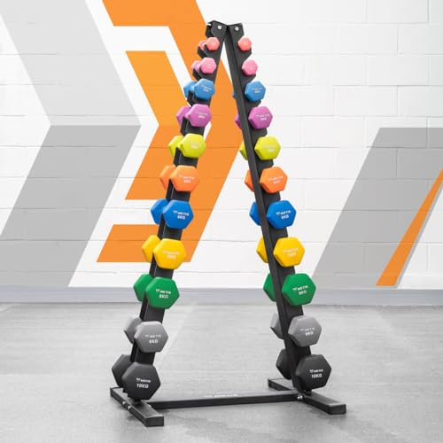 METIS Hantelbaum [3 Größen] – Hantelständer mit 3, 6 oder 11 Stufe | Nur Rack oder mit optionalen Kurzhanteln aus Neopren oder Chrom (11 Stufe, Rack + Neopren Kurzhanteln Set (komplettes Set))…