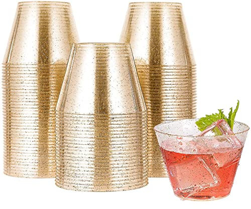 JTWEB 50pcs Coupes à Dessert Transparentes avec Paillettes Dorées, Gobelets à Dessert en Plastique Réutilisable de 270ml pour Desserts, Apéritifs, Entrées, Pudding, Glace, Buffet(Or)