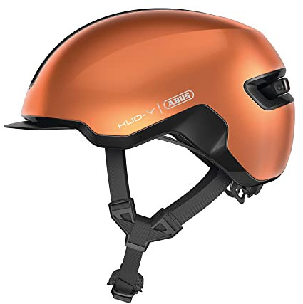 ABUS Urban Helm HUD-Y - mit magnetischem, aufladbarem LED-Rücklicht & Magnetverschluss - cooler Fahrradhelm für den Alltag - für Damen und Herren - Orange, Größe M