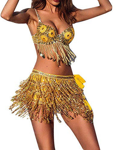 Damen Rock Pailletten Quasten Rock Rave Rock Fransen Rock Bauchtanz Kostüm Bauchtanz Hüftschal Rave Outfit Mini Rock für Damen und Mädchen (Gold, One Size)