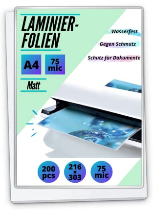 200 Stück PREMIUM Laminierfolien DIN A4 - matt/entspiegelt - 2 x 75/80mic - OHNE WASSERZEICHEN - Für Dokumente, Fotos oder Karten - Wasserfest, unzerreißbar