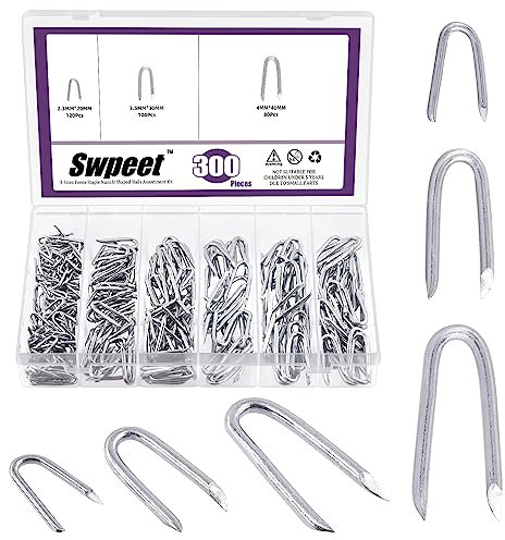 Swpeet Juego de 300 grapas de alambre de acero de 3/10.2 cm, 5/15.2 cm 3/5.1 cm, kit surtido de grapas de alambre de acero, valla de alambre de metal de hormigón, clavos en forma de U para valla,