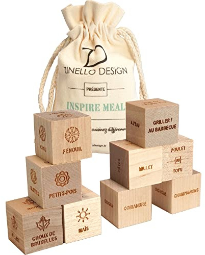 Inspire Meal® Dadi in legno incisi per trovare ispirazione in cucina, ideale per il Batch Cooking. Decider di ricette con il tuo libro di cucina. Regalo gourmet, regalo cucina, cena con gli amici