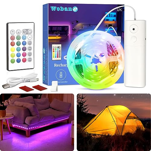 WOBANE RGB-Streifen, wiederaufladbar, USB, mit Fernbedienung, 2 m, LED, für Schlafzimmerdekoration, 2000 mAh, selbstklebende Lichter mit Akku für TV, Gaming, Regale, Treppen, Party