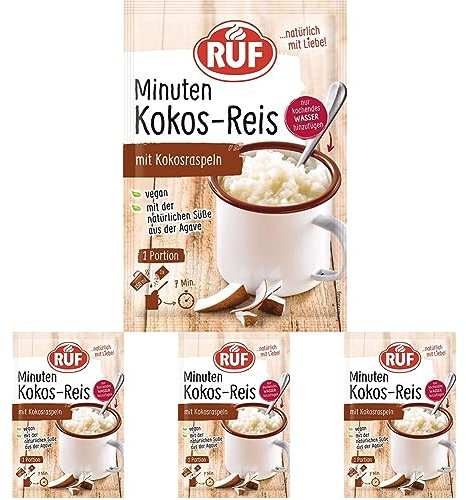 RUF Tassen Kokos-Reis mit Kokos-Raspeln, Instant Reisbrei aus der Tasse, Tassengericht für unterwegs oder zwischendurch, fertig in 7 Minuten, 1 x 58g (Packung mit 4)