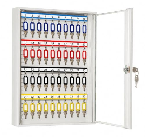 LEOMAR Schlüsselschrank, Schlüsselkasten mit 40 Haken, Schlüsselbox aus Stahlblech mit Glastüren, mit Verstellbaren Hakenleisten, Organizer zur Wandbefestigung, Abschließbar, 6 x 35 x 42 cm