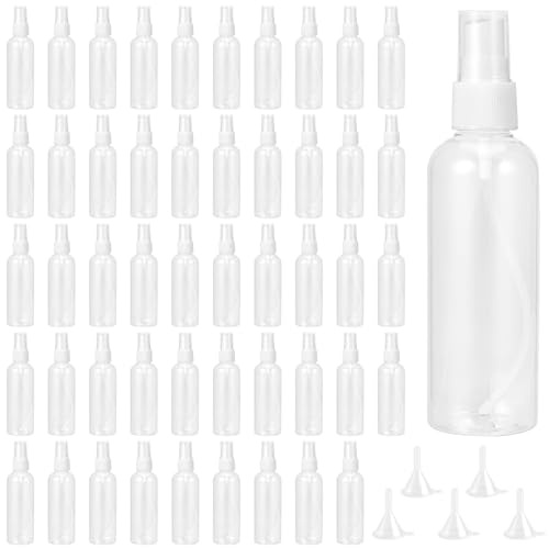 KOHAND 50 Pack 100ml Clear Plastic Spray Bottles with Lids, Refillable Small Spray Bottles with 5 Funnels, Clear Travel Containers Fine Mist Spray Bottles for Cleaning, Travel, Makeup