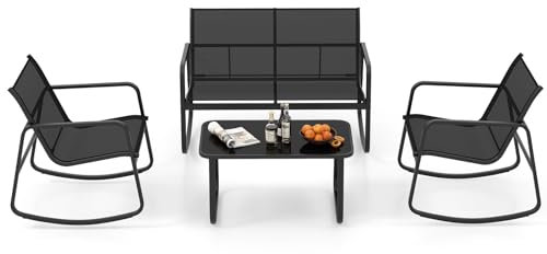 COSTWAY 4-TLG. Gartenmöbel Set, Terrassenmöbel mit sanfter Schaukelbewegung, Sitzgruppe, Sitzgarnitur für 4 Personen, Gartengarnitur inkl. 2 Stühlen, Bank & Tisch, für Garten, Terrasse, Pool