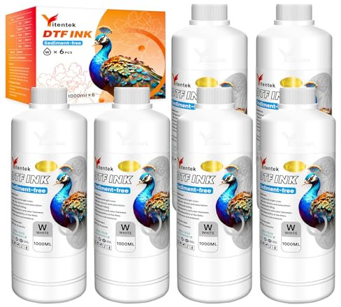 Yitentek DTF Ink 1000ML - No Sediment White DTF Transfer Ink for PET Film, Refill for Epson DTF Printers L1800 XP-15000 ET-8550 R2400 L805 R1390 i1600 i3200 4720 DX5 DX7 5113 (1000ML x 6, White)