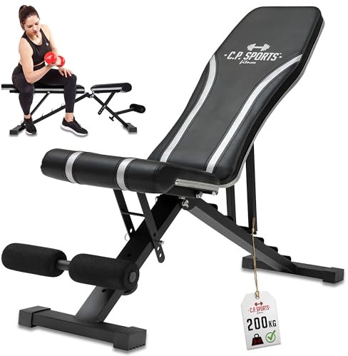 C.P.Sports Hantelbank klappbar bis 200kg | Multifunktion – Schrägbank/Flachbank – Rückenlehne 7-fach verstellbar | robuste Stahl Trainingsbank für Kraftsport, Fitness, Gym Training zuhause