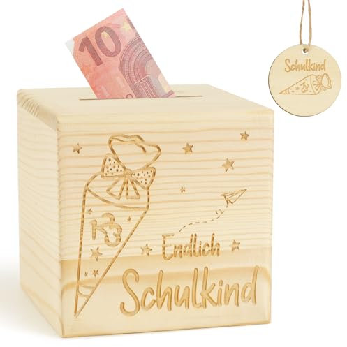 BOFUNX Endlich Schulkind Spardose Holzspardose Einschulung Schulanfang Geschenke mit openin für Jungen Mädchen Schulanfang Geschenkidee Schulkind Geschenk