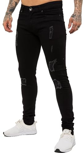 989Zé ENZO Herren Jeans Slim Fit Jeanshose Stretch Denim Designer Hose Destroyed EZ383 SCHWARZ 40W / 30L