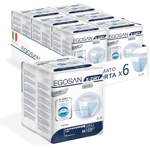 Egosan Pants X-Dry Taglia L - Pacco Scorta con 6 confezioni da 6 pezzi - Dispositivi Assorbenti per Incontinenza Grave, Comfort Assoluto, Protezione Totale, Sistema Antiodore, Traspiranti, Unisex