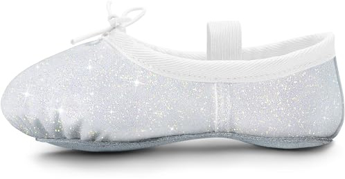 Balettskor för flickor, balettskor, glitter, balett, dansskor, läder, danstofflor, full sula, balett, dans, platta för barn, småbarn, för dans, prestanda, gymnastik, Vit, 28 EU