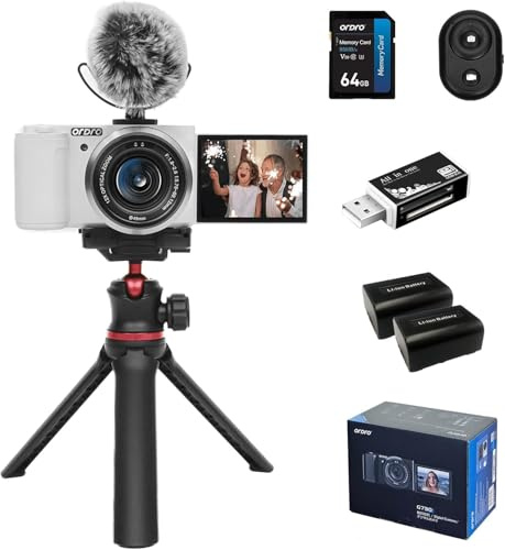 ORDRO G730 - Fotocamera mirrorless con video 5K, AF/MF, zoom ottico 12X, 3,2 pollici con schermo vari-angolo mirrorless fotocamera digitale con scheda SD da 64 GB (Family Bundle, Bianco)