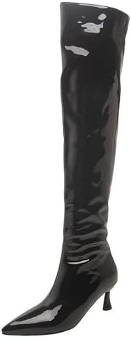 HSyc JRX Stivali sopra il ginocchio con tacco alto 5 cm sopra il ginocchio in vernice, Nero , 38 EU