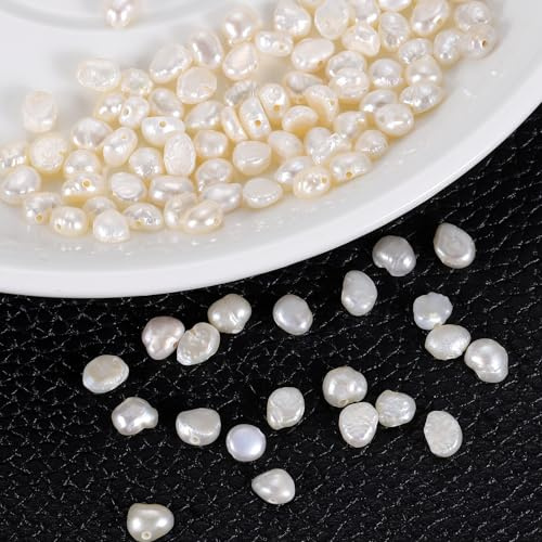 sourcing map 100 Pcs Freshwater Pearl Beads, 4-5mm Irregular Loose Gemstone Pearls 0.8mm Side Hole for Leather Cord Beading Jewelry Making DIY Craft, White