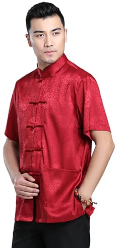 Chinese Tang Style Men's Shirt, Short Sleeved Summer Tai Chi Suit, Daily Morning Exercise Performance Banquet (red,Large)