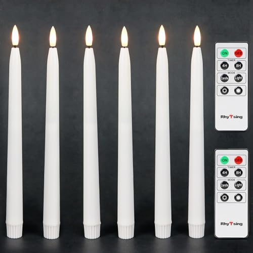 Rhytsing 6 Vita Flamlösa Ljus Lång med Timer för Jul, Batteridrivna LED Stavljus Äkta Vax Färdiga för Heminredning, 2 Fjärrkontroller Ingår, H 28 cm