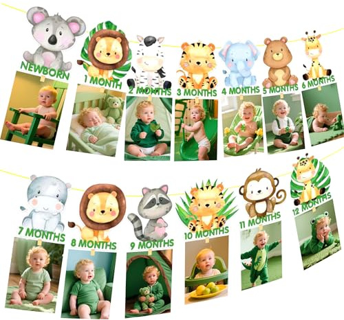 Dschungel Tier 1. Geburtstag Dekor 12 Monate Foto Banner Wild ein Dekorationen Safari Tiere Thema Meilenstein Party Supplies