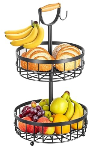 Fouvin Unique Fruit Basket, Black, Exotic Fruit Bowl in the Style of a Fruit Basket Stander, 2 Tiers - Fruit Storage, Fruit Bowl Storage, Kitchen Shelf Keeps Fruit and Vegetables Fresh