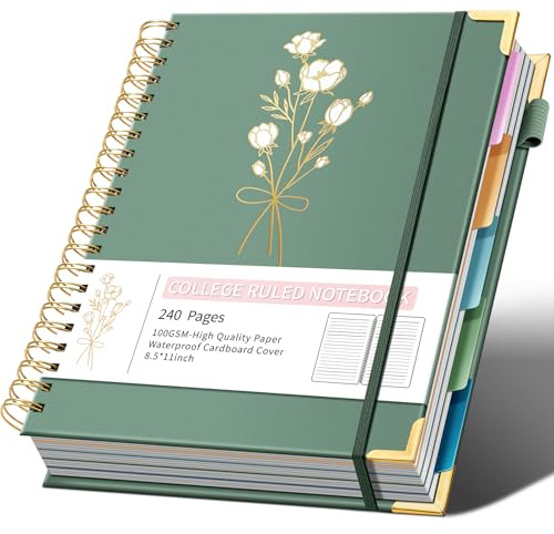 Hardcover Spiral Notebooks 8.5 X 11 Note Taking 5 Subject Notebook College Ruled with Dividers 240 Pages 100GSM Aesthetic Spiral Notebook for Work School Cute Journals for Women Writing