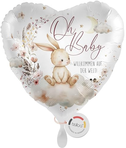 balloa Herzballon Oh Baby Willkommen auf der Welt, Folienballon, 33 cm | Süßes Häschen-Motiv in zarten Farben, Herzform, heliumgeeignet, ungefüllt, neutrale Deko zur Geburt und Babyparty