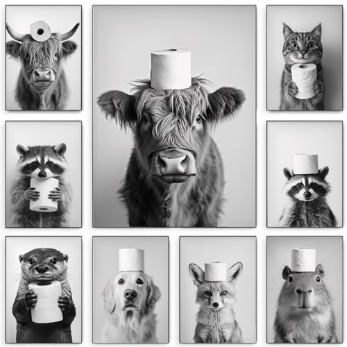 BeiYiHo Tableau WC Decoration Murale pour Toilette Vache Affiche Animaux WC Noir et Blanc 30x40 Poster Humoristique Tableau Animaux Funny Rigolo Deco Toilette Photo Drole Toile SANS CADRE